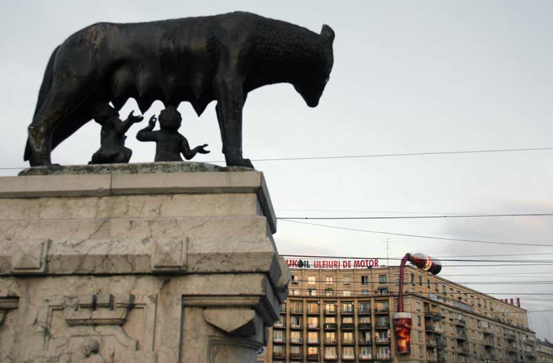 Photo: The Piata Romana featured a Capitoline She-Wolf statue from 1997 to 2010, a political symbol of Latinity. Bucharest, May, 2006
